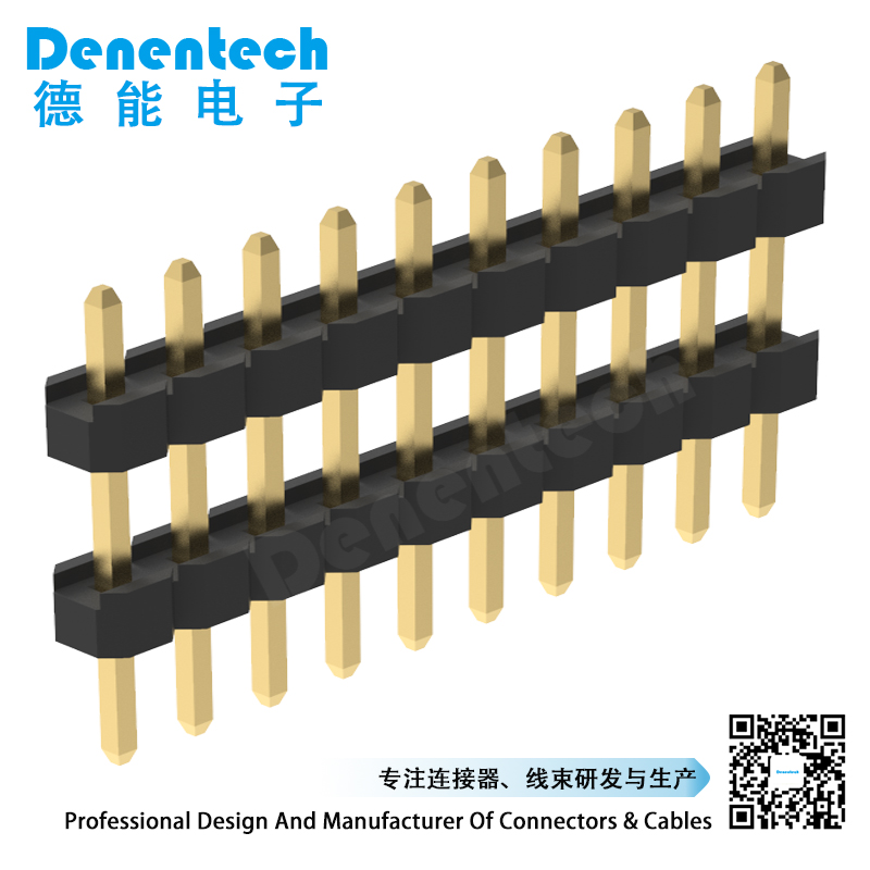 Denentech 工厂直销 2.00mm排针单排双塑180度单排针 黑色塑胶2.0mm间距插针 直针 铜排针